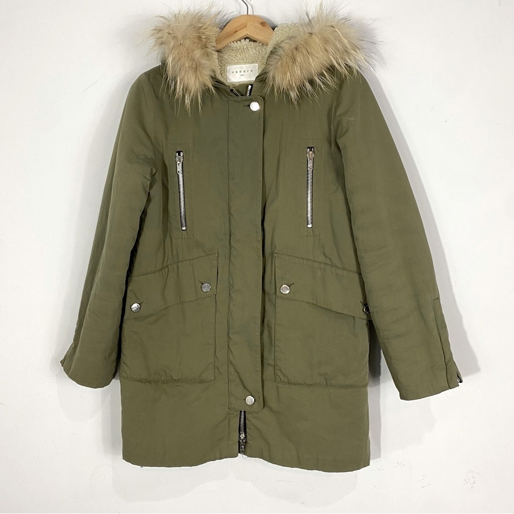 SANDRO Parka Fur Hood Khaki Coat Olive Green